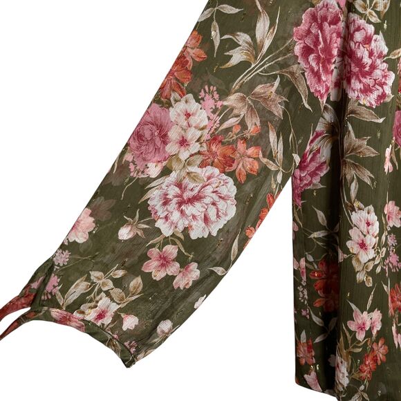 Haven & Blair Blouse Women's Small Green Metallic Floral Boho Sheer 3/4 Sleeve - Picture 4 of 11